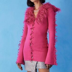House of Sunny Hot Pink Sweater with Fur Trim Collar Size Small